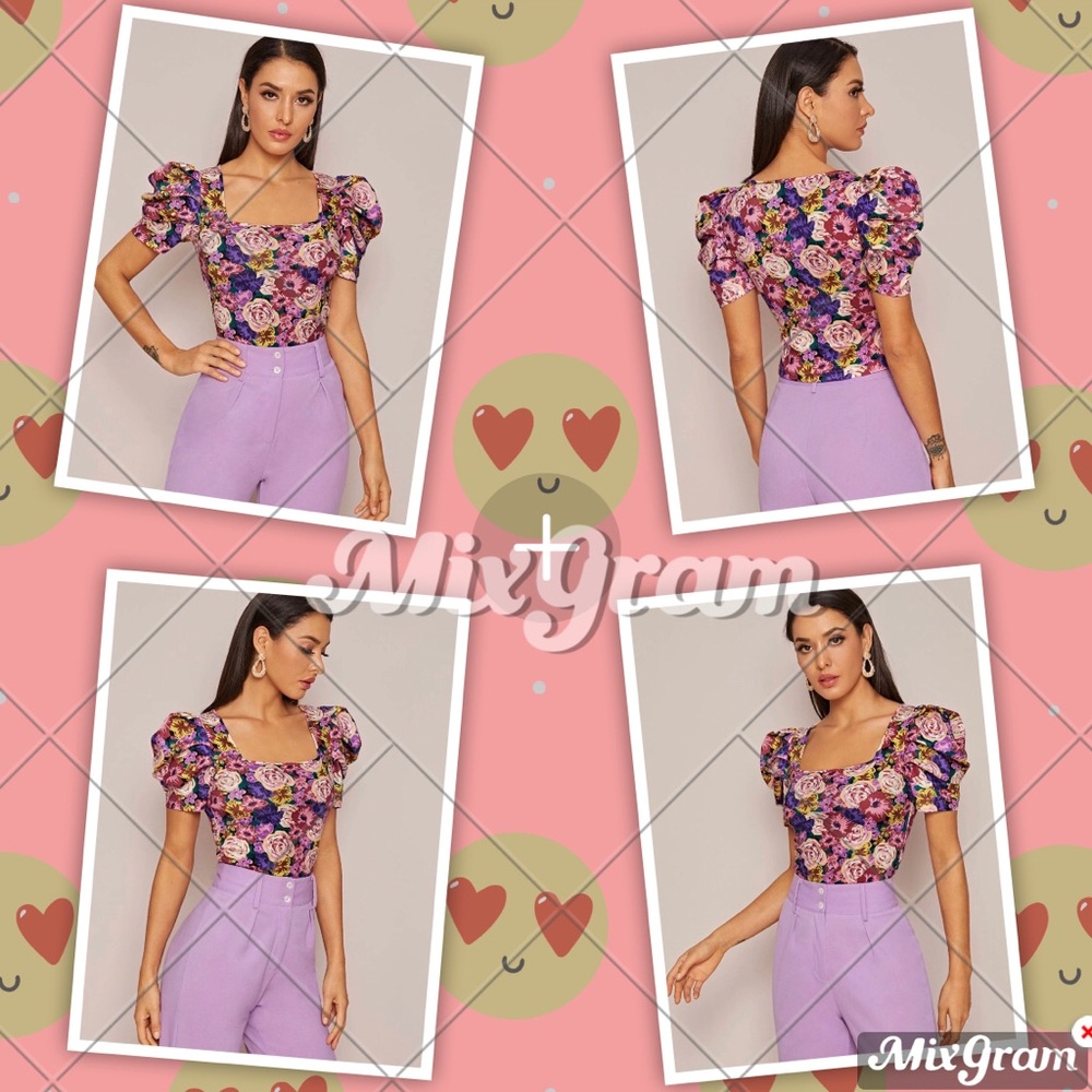 🔥🛍SQUARE NECK SHORT PUFF SLEEVES 💐PRINT TOP🛍🔥
